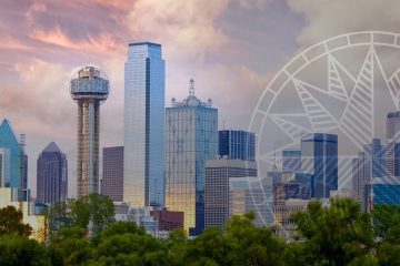 A picture of the dallas skyline with a ferris wheel in the background.