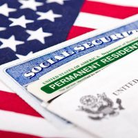 A social security card sitting on top of an american flag.