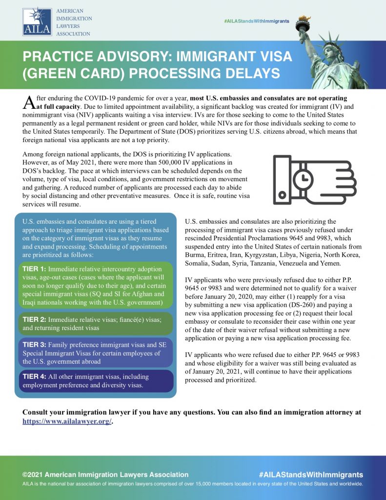 A page from the book, practice advisory : immigrant visa green card processing delays.