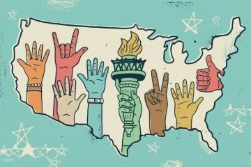 A map of the united states with hands in different colors and sizes.