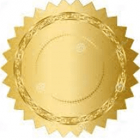 A gold seal with a circle in the middle.