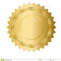 A gold seal with a chain around it.