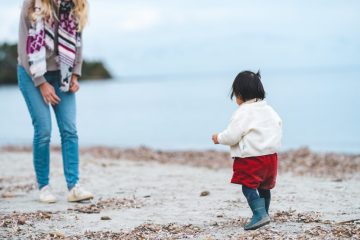 A woman and child on the beach